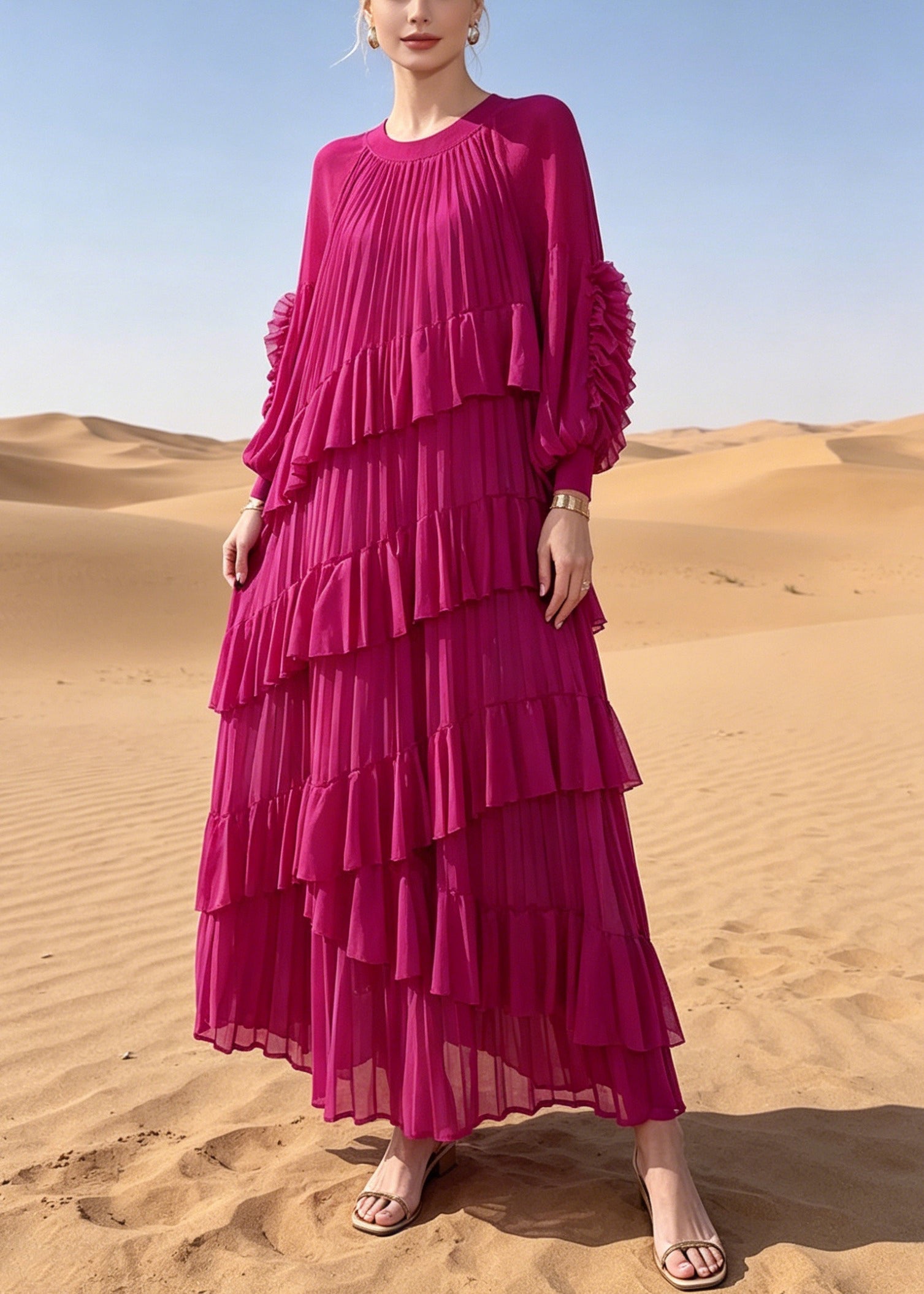 French Rose Oversized Ruffles Chiffon Maxi Dresses Summer - View 3
