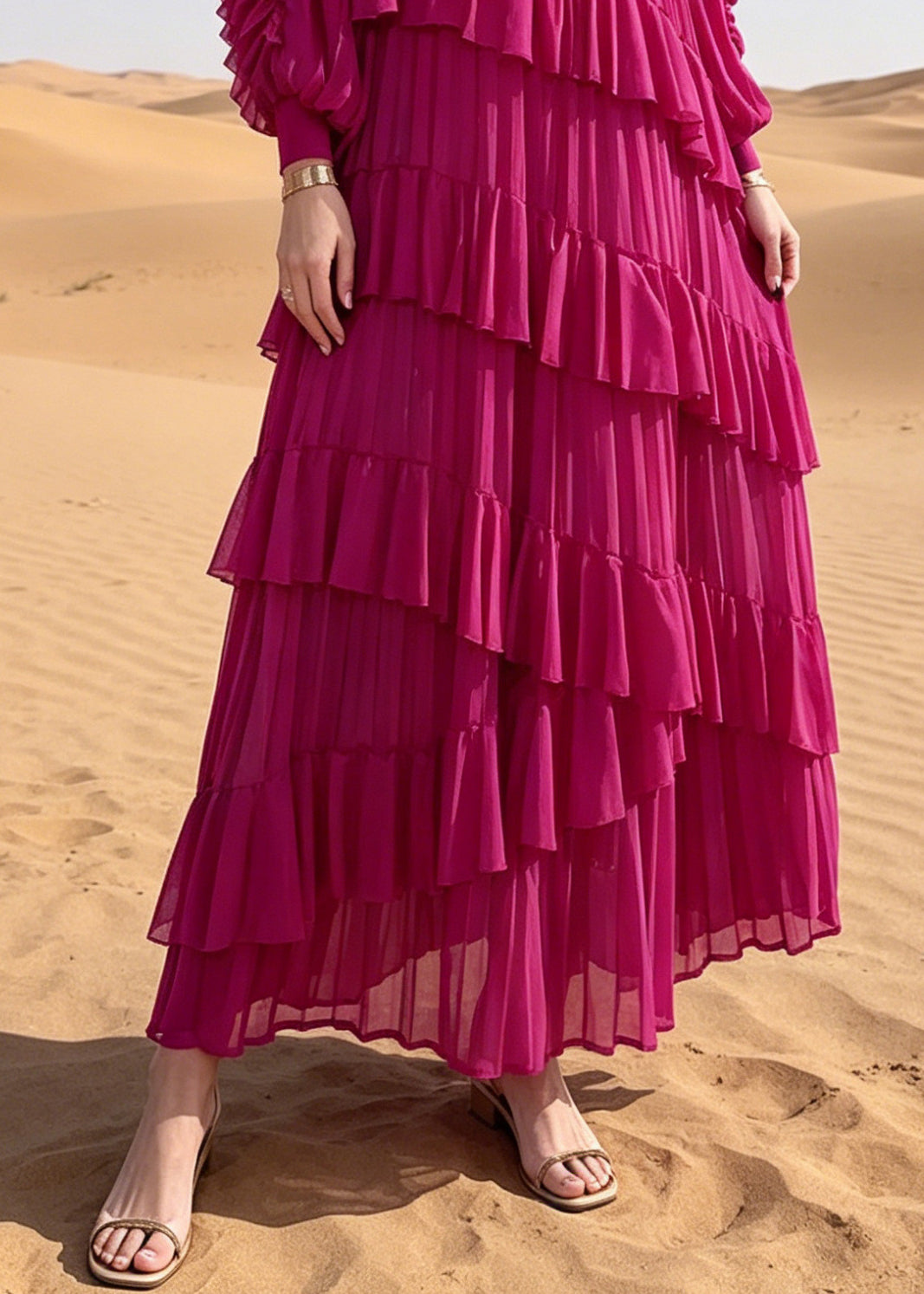 French Rose Oversized Ruffles Chiffon Maxi Dresses Summer - View 4