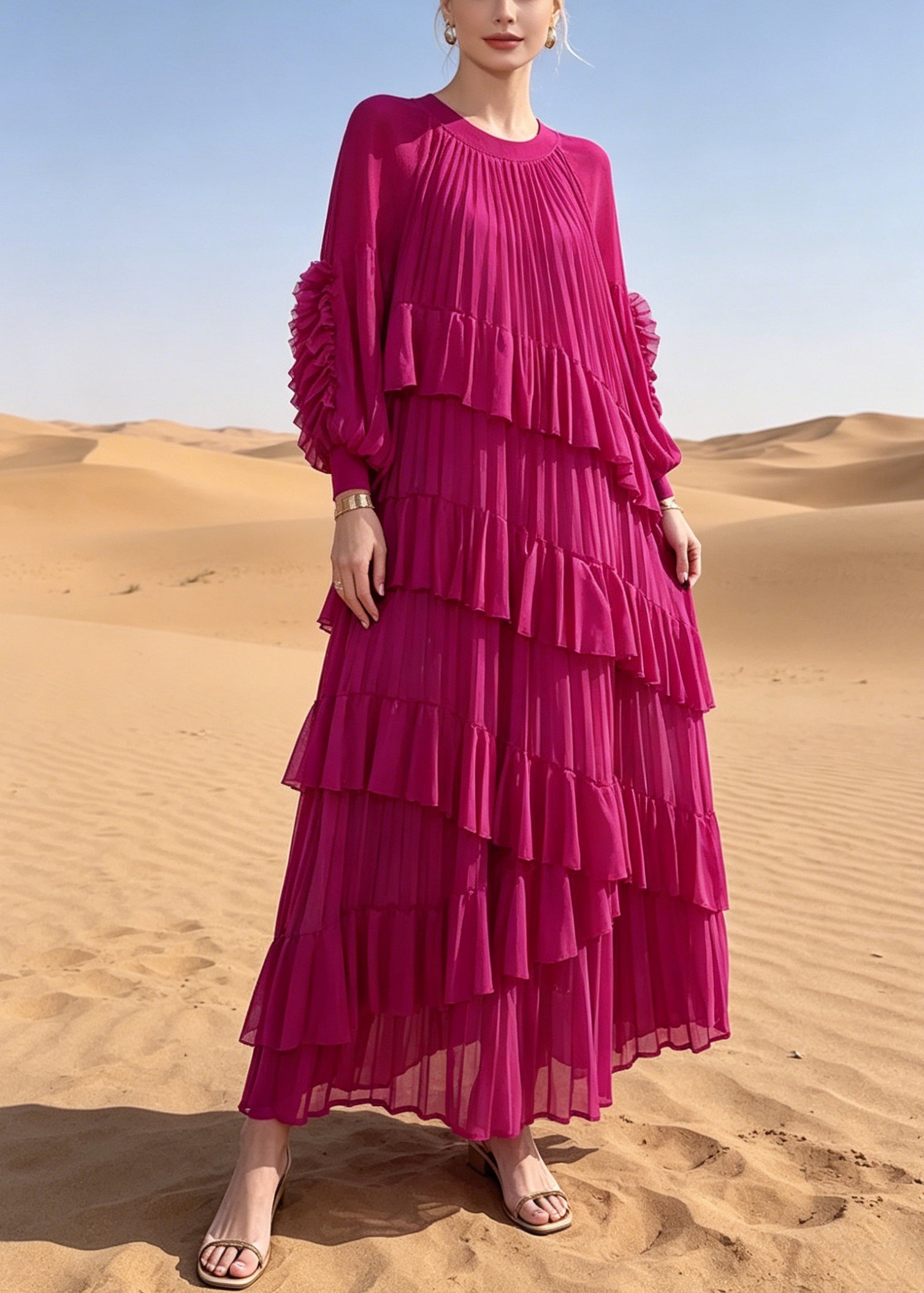 French Rose Oversized Ruffles Chiffon Maxi Dresses Summer - View 5
