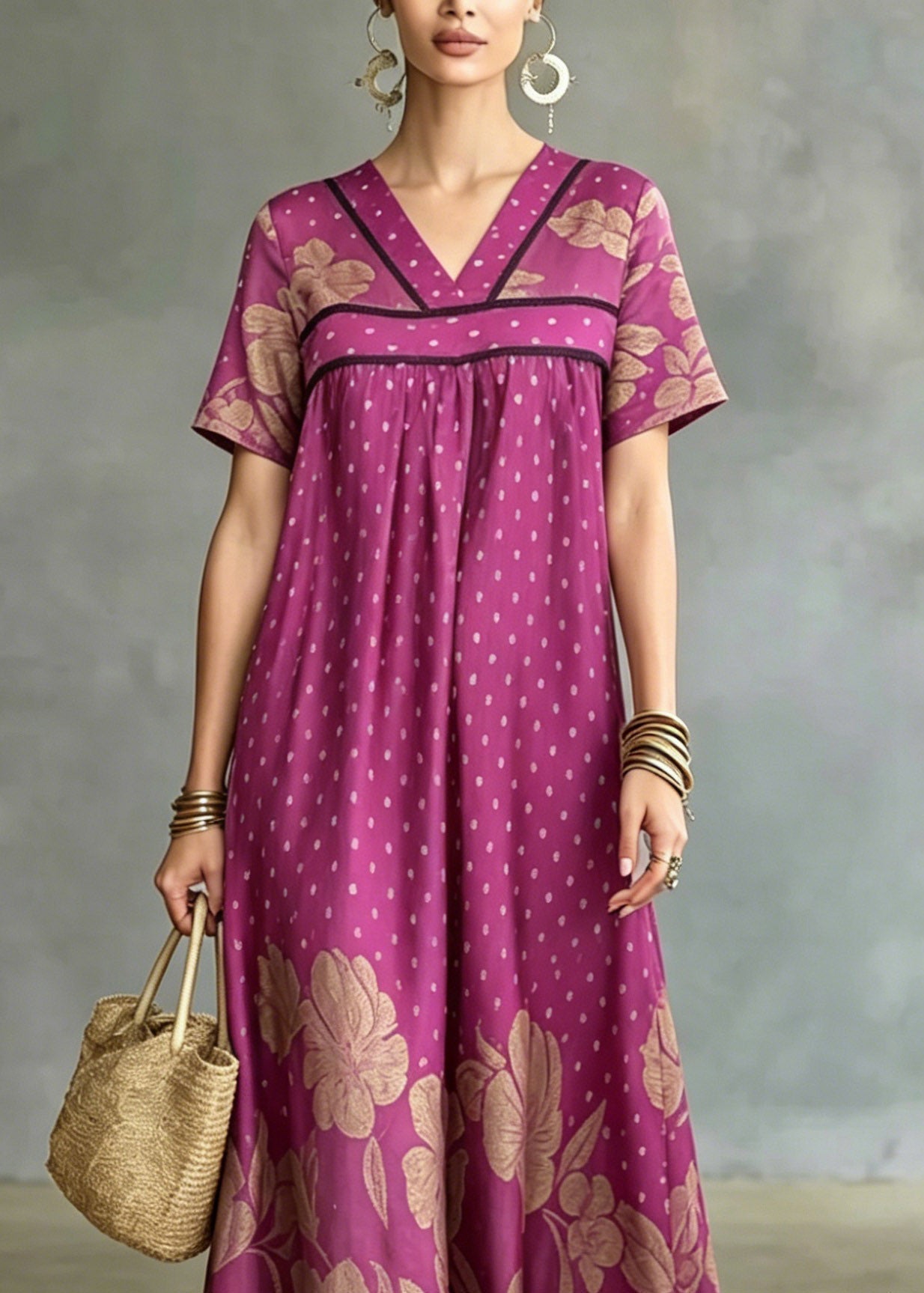 Polka Dot and Floral Print Empire Waist Short Sleeve Maxi Dress