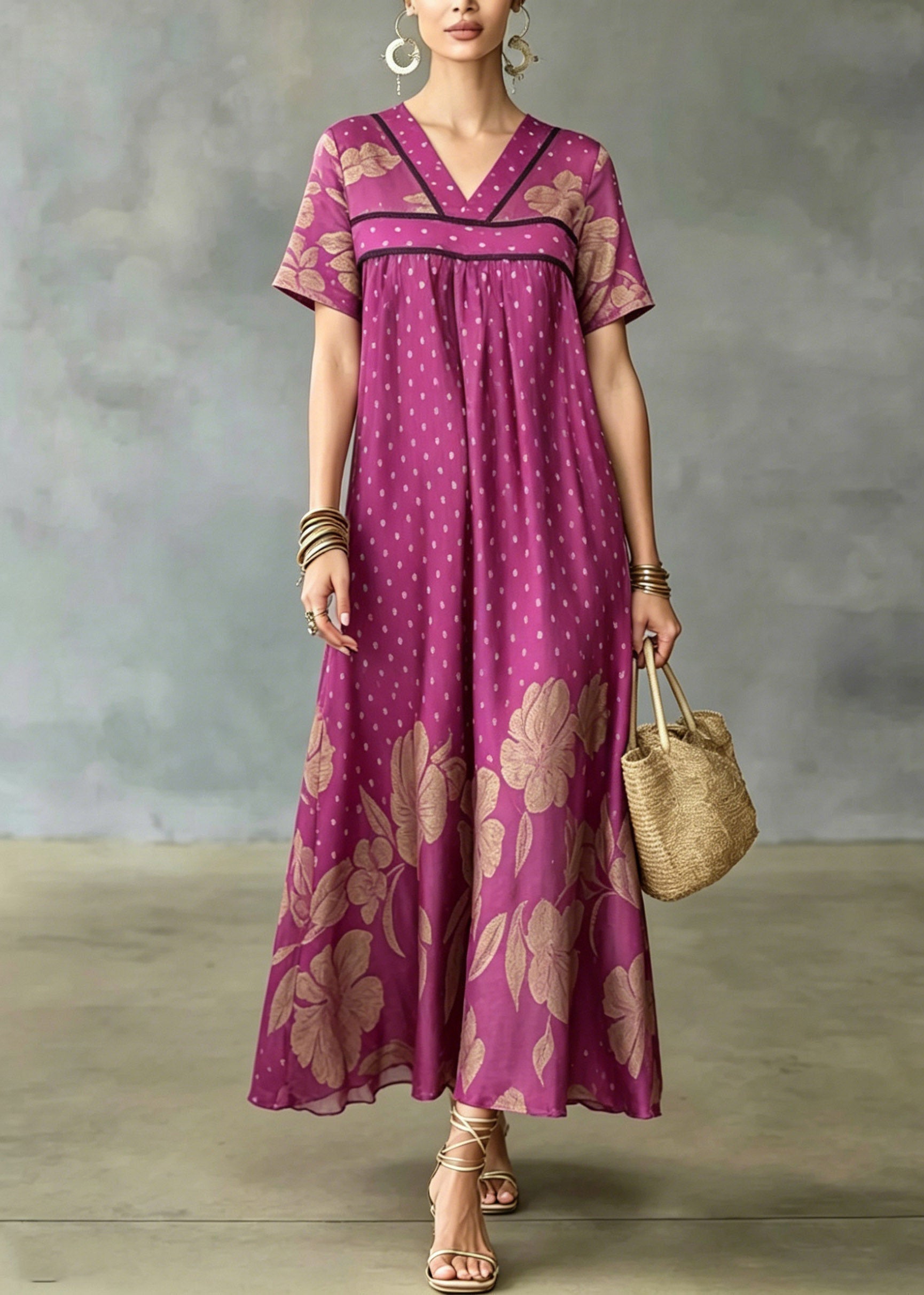 Polka Dot and Floral Print Empire Waist Short Sleeve Maxi Dress