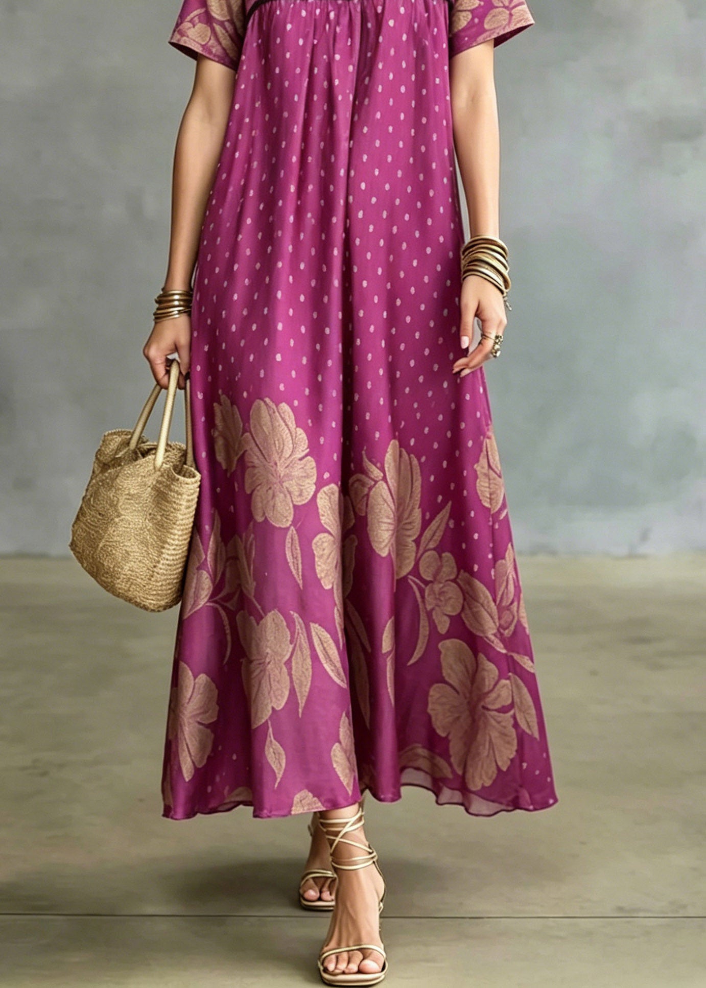 Polka Dot and Floral Print Empire Waist Short Sleeve Maxi Dress