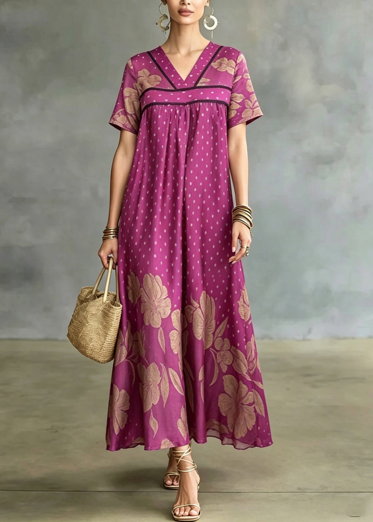 Polka Dot and Floral Print Empire Waist Short Sleeve Maxi Dress - View 5