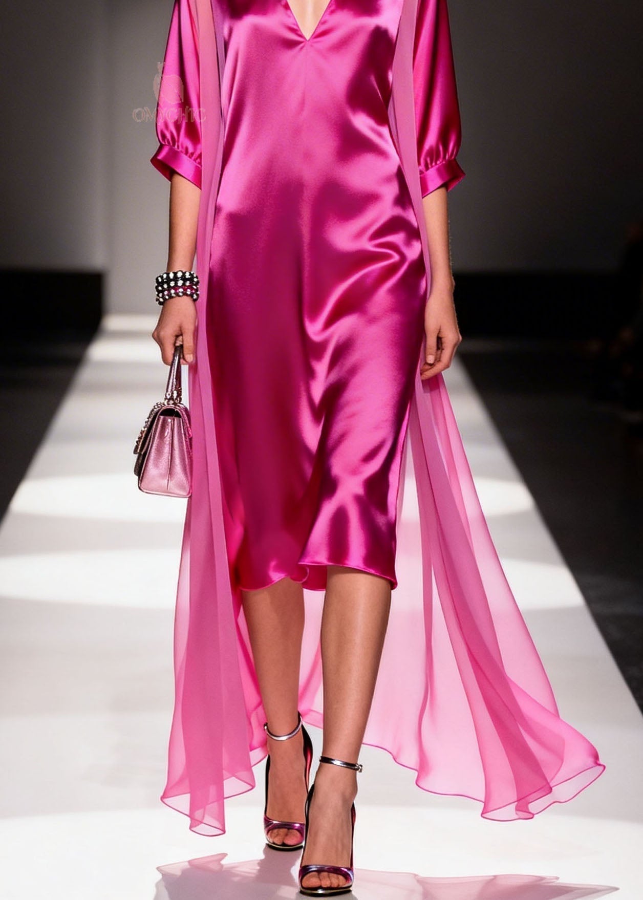 Satin Deep V-Neck Puff Sleeve Midi Dress Sheer Floor Length Cape Two Piece Set