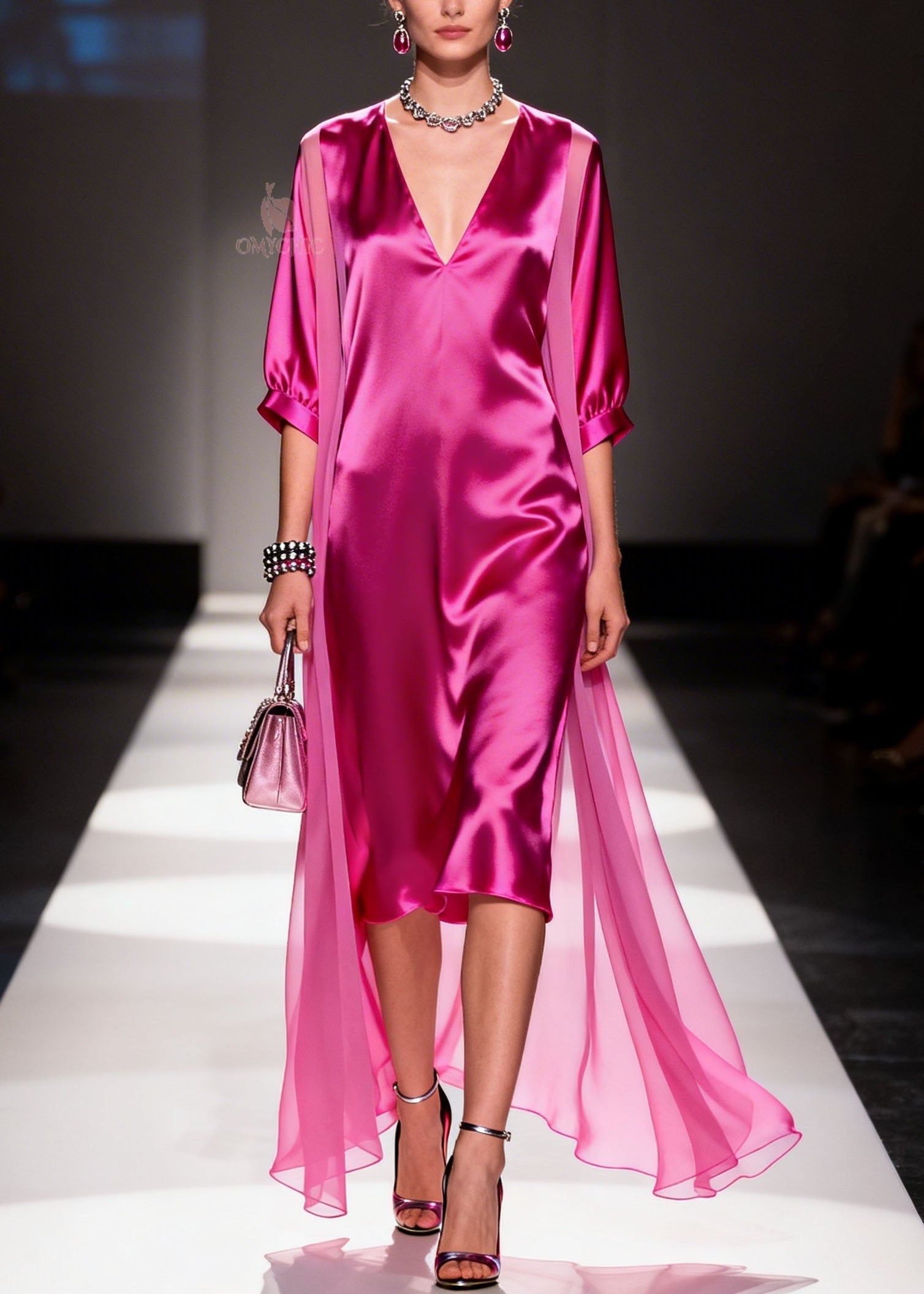 Satin Deep V-Neck Puff Sleeve Midi Dress Sheer Floor Length Cape Two Piece Set