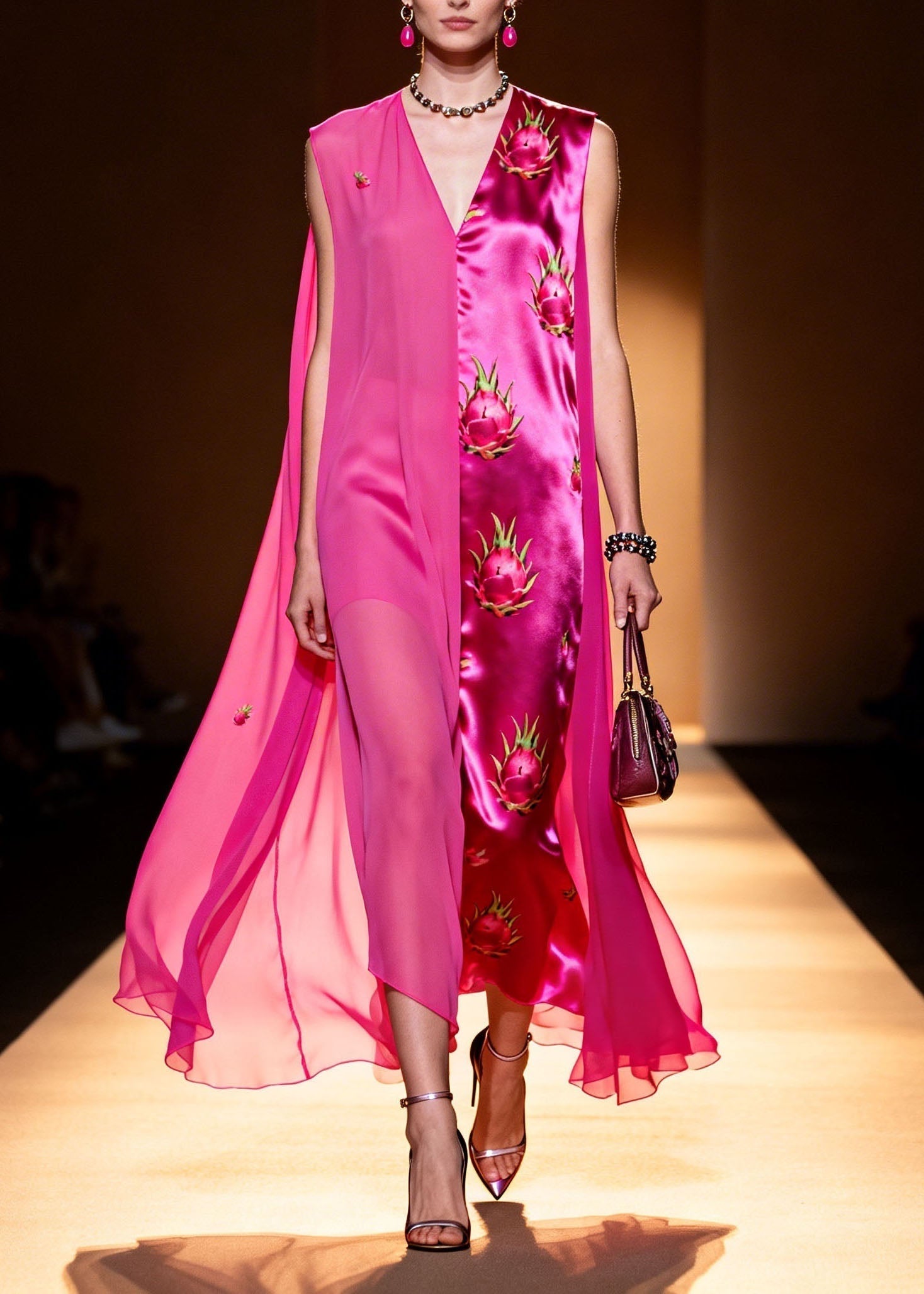 Satin Sleeveless V-Neck Cape Panel Dragon Fruit Print Maxi Gown