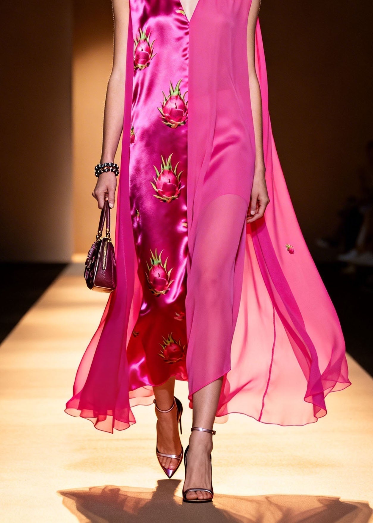 Satin Sleeveless V-Neck Cape Panel Dragon Fruit Print Maxi Gown