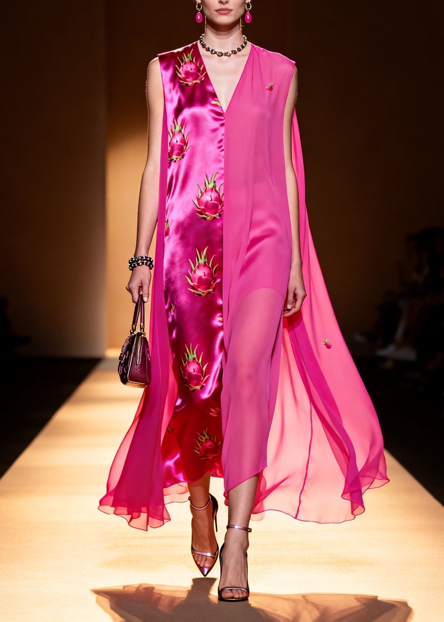 Satin Sleeveless V-Neck Cape Panel Dragon Fruit Print Maxi Gown