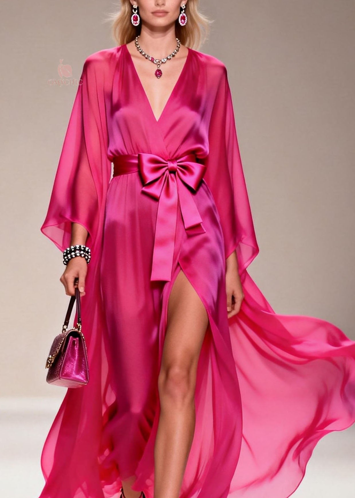 Chiffon Deep V-Neck Cape Sleeve Bow Belt High Split Wrap Maxi Gown