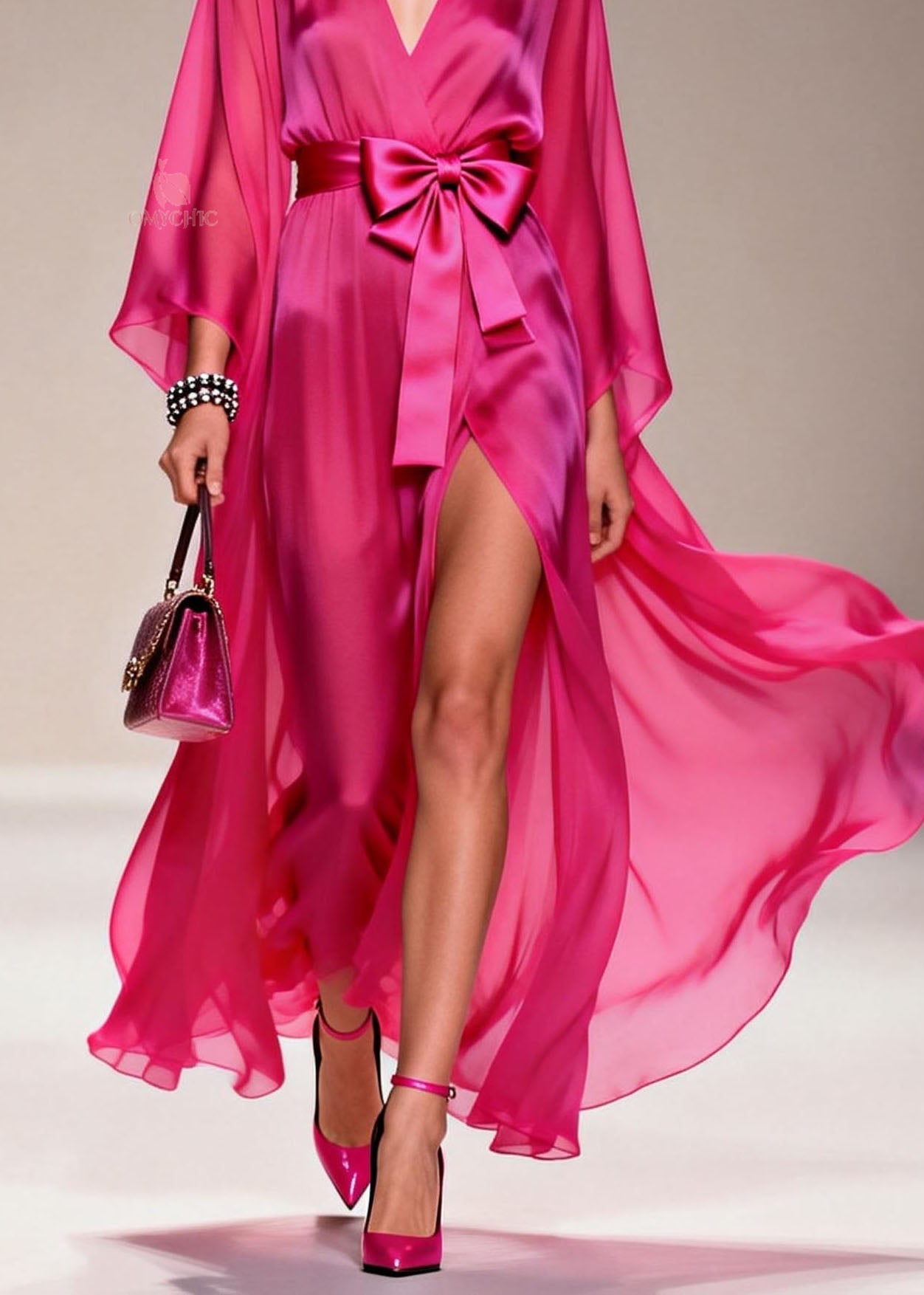 Chiffon Deep V-Neck Cape Sleeve Bow Belt High Split Wrap Maxi Gown - View 4