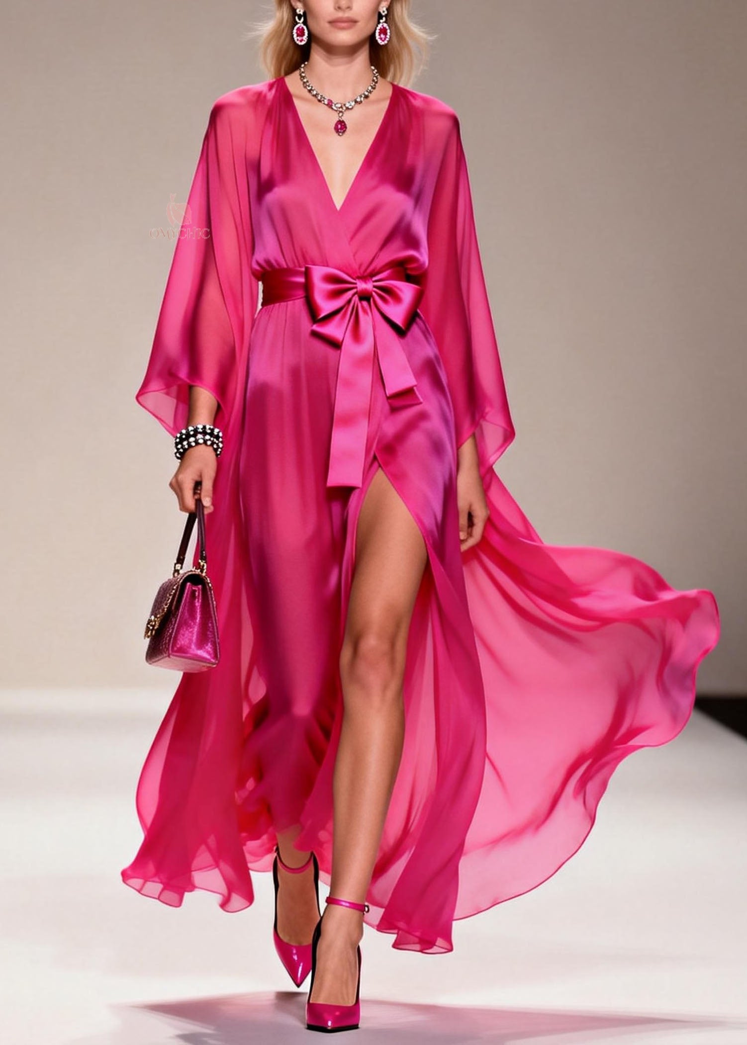 Chiffon Deep V-Neck Cape Sleeve Bow Belt High Split Wrap Maxi Gown