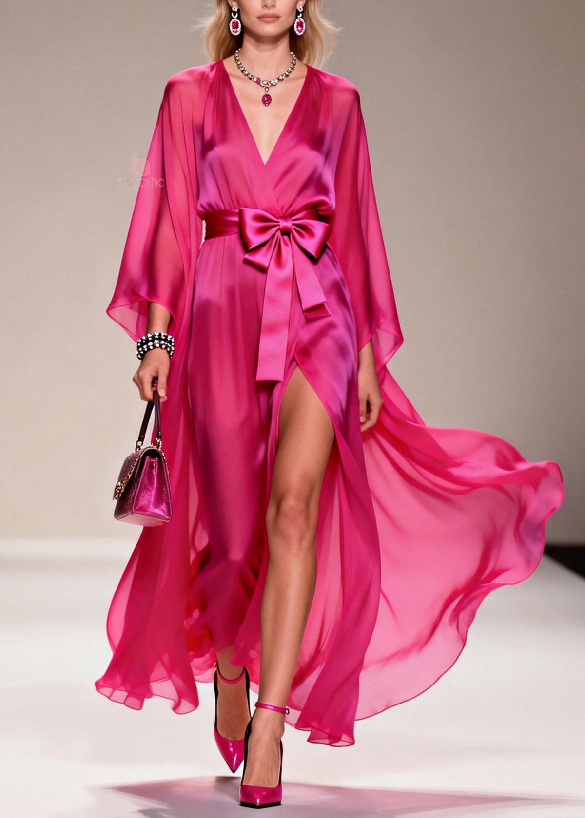Chiffon Deep V-Neck Cape Sleeve Bow Belt High Split Wrap Maxi Gown - View 5