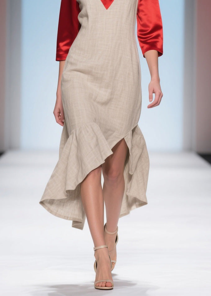 Deep V-Neck Three Quarter Sleeve Satin Panel Wide Ruffle High Low Midi Dress