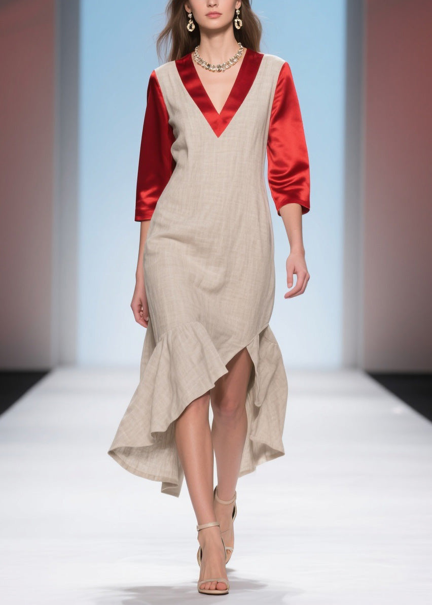 Deep V-Neck Three Quarter Sleeve Satin Panel Wide Ruffle High Low Midi Dress