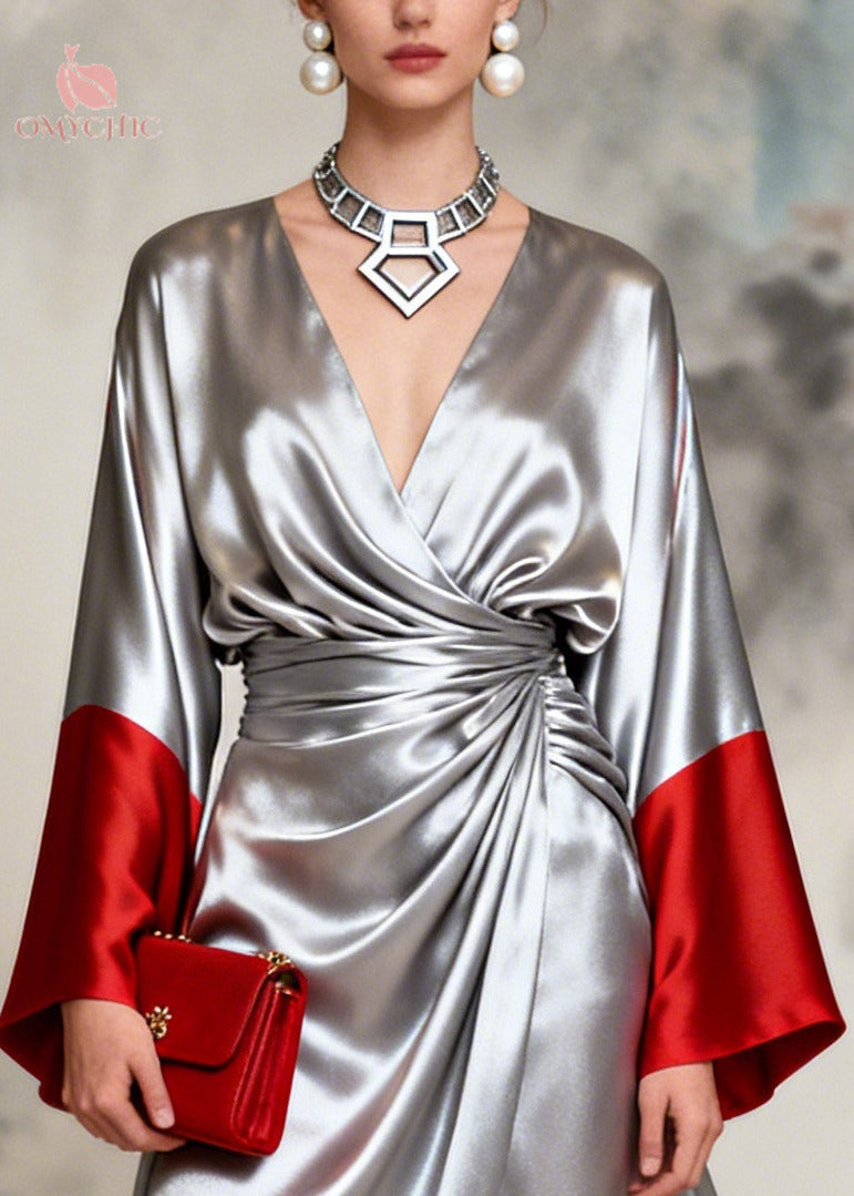 Satin Deep V-Neck Bell Sleeve Wrap Draped High Split Maxi Gown