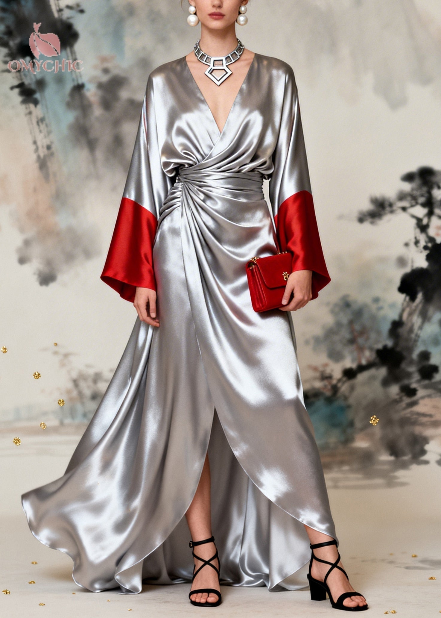 Satin Deep V-Neck Bell Sleeve Wrap Draped High Split Maxi Gown