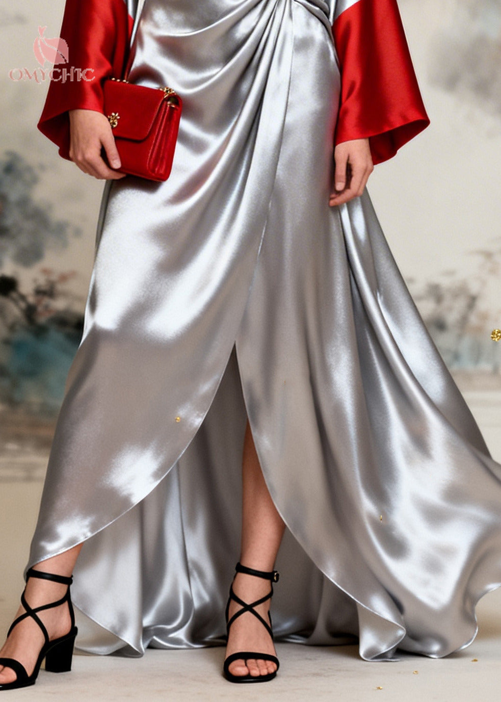 Satin Deep V-Neck Bell Sleeve Wrap Draped High Split Maxi Gown