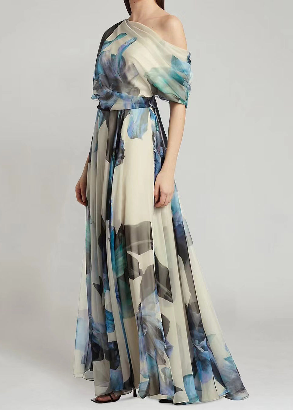 Chiffon One Shoulder Puff Sleeve Belted Floral Print Maxi Gown