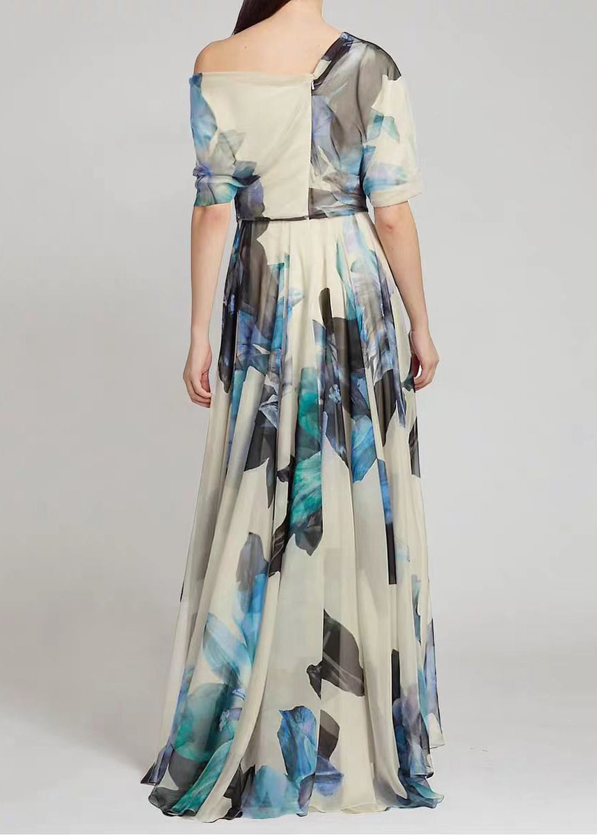 Chiffon One Shoulder Puff Sleeve Belted Floral Print Maxi Gown