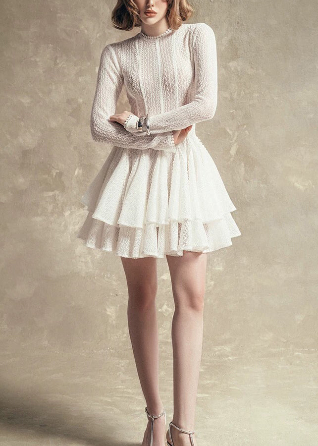 Sheer Open Knit Mock Neck Long Sleeve Tiered Knit Ruffle Mini Dress