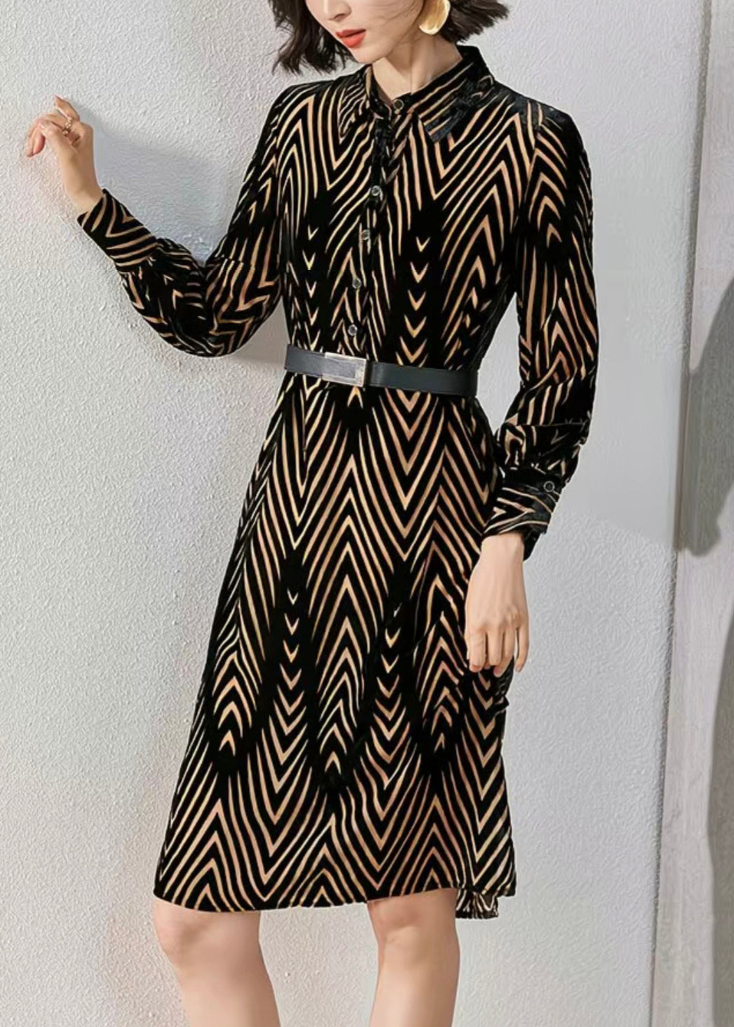 Geometric Chevron Burnout Velvet Long Sleeve Shirt Dress