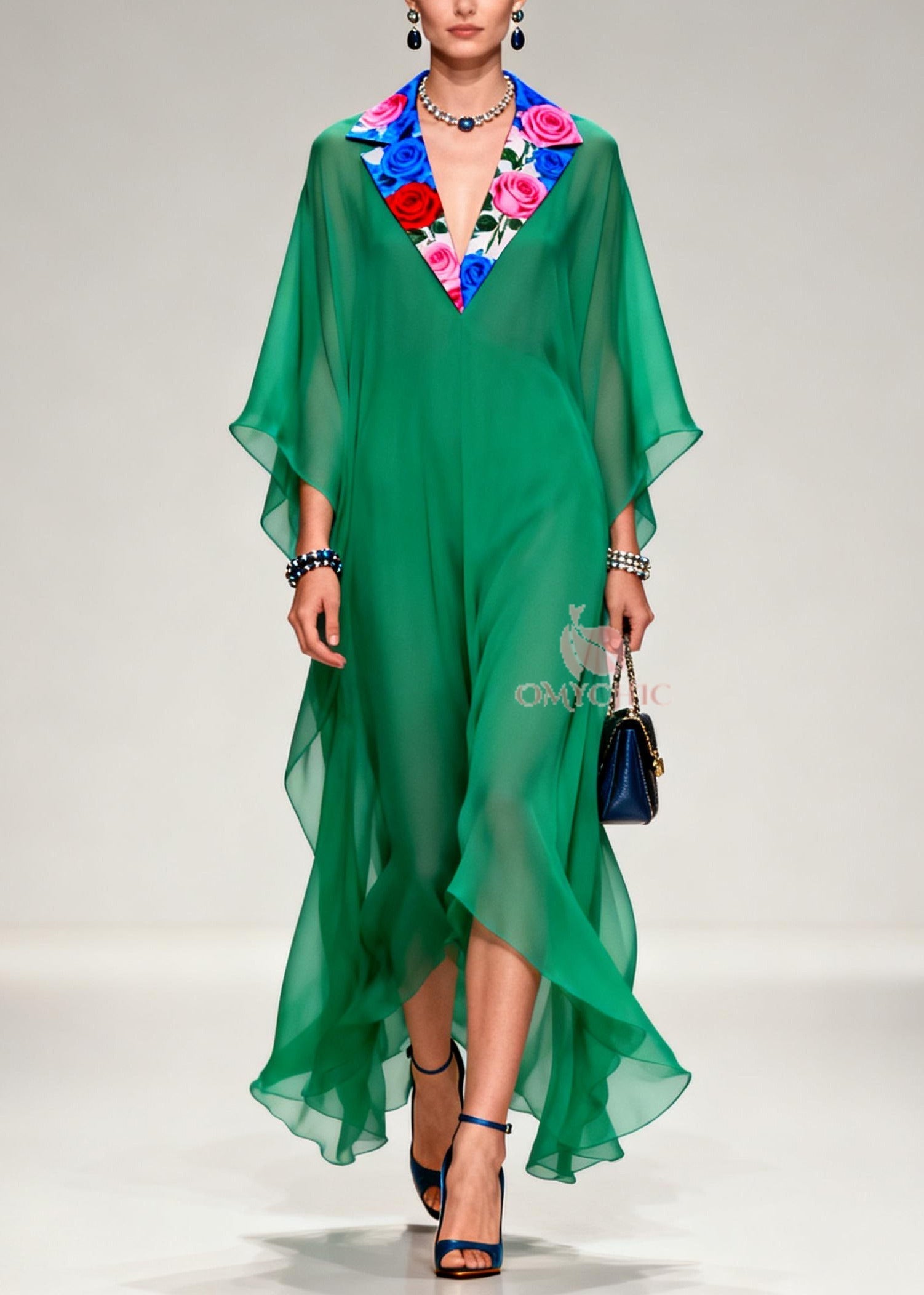 French Tea Green Notched Patchwork Chiffon Long Dresses Summer