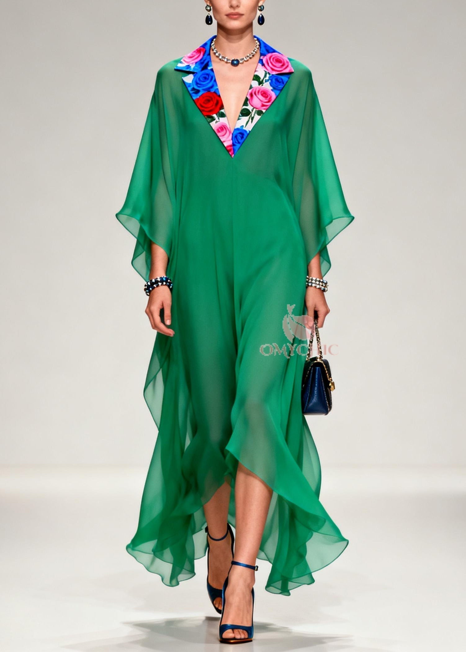 French Tea Green Notched Patchwork Chiffon Long Dresses Summer