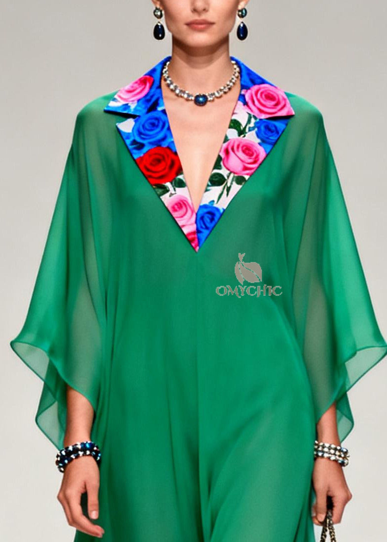 Chiffon Floral Lapel Collar Butterfly Sleeve Kaftan Maxi Gown