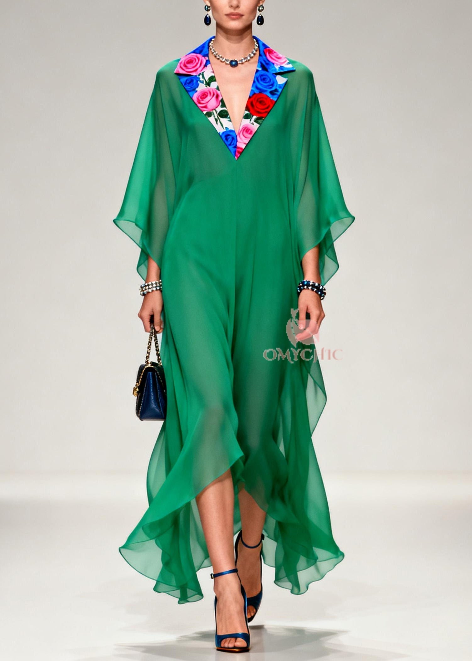 Chiffon Floral Lapel Collar Butterfly Sleeve Kaftan Maxi Gown
