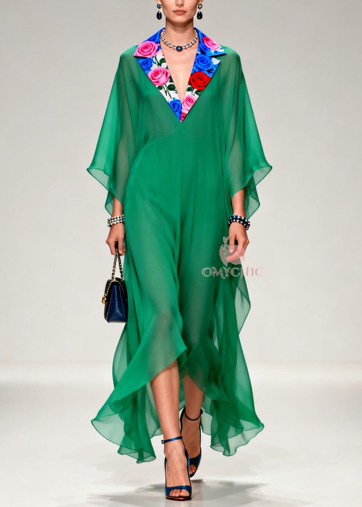 Chiffon Floral Lapel Collar Butterfly Sleeve Kaftan Maxi Gown - View 3