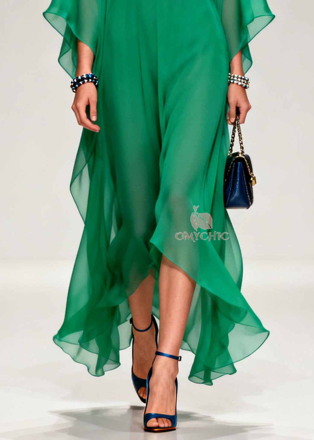 Chiffon Floral Lapel Collar Butterfly Sleeve Kaftan Maxi Gown