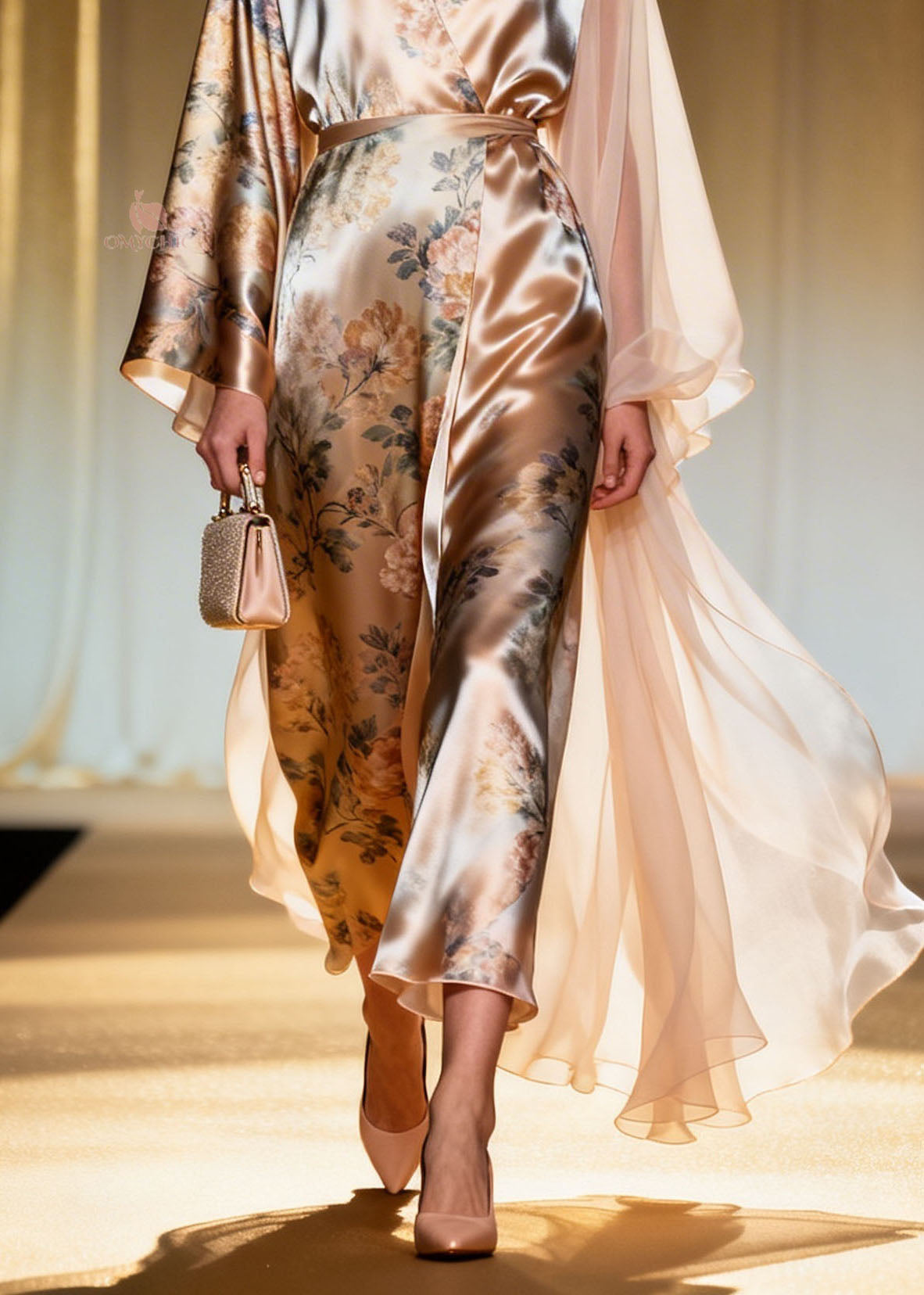 Floral Print Wrap V-Neck Kimono Sleeve Sheer Train Cape Overlay Maxi Gown