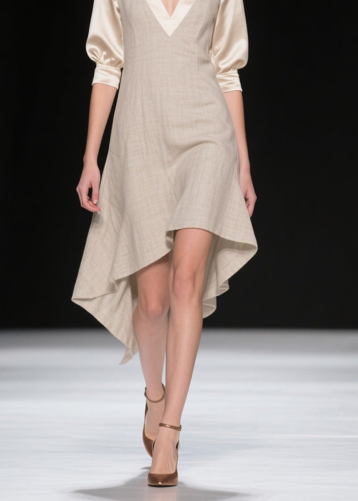 Deep V-Neck Puff Sleeve Satin Inset A-Line Asymmetrical Ruffle Hem Midi Dress