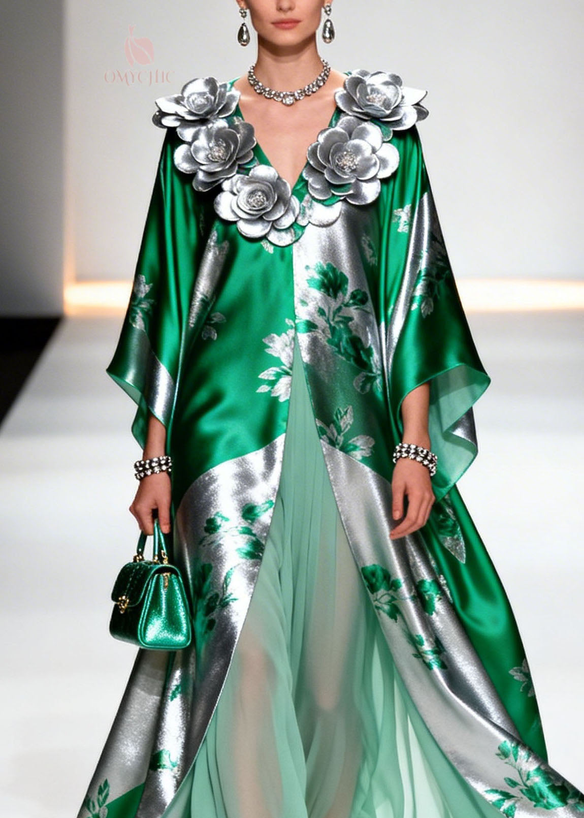 Metallic Floral Print 3D Applique V-Neck Open Coat Pleated Chiffon Maxi Skirt Two-Piece Set