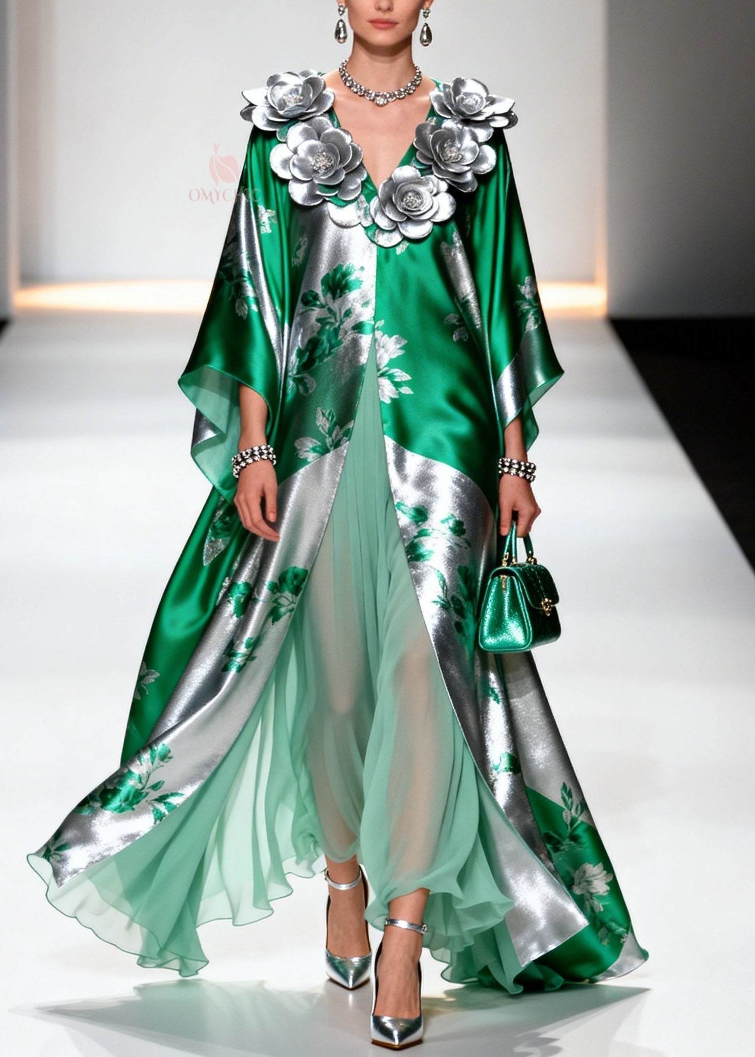 Metallic Floral Print 3D Applique V-Neck Open Coat Pleated Chiffon Maxi Skirt Two-Piece Set