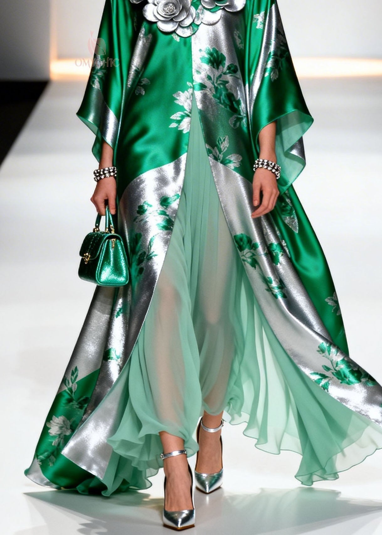 Metallic Floral Print 3D Applique V-Neck Open Coat Pleated Chiffon Maxi Skirt Two-Piece Set