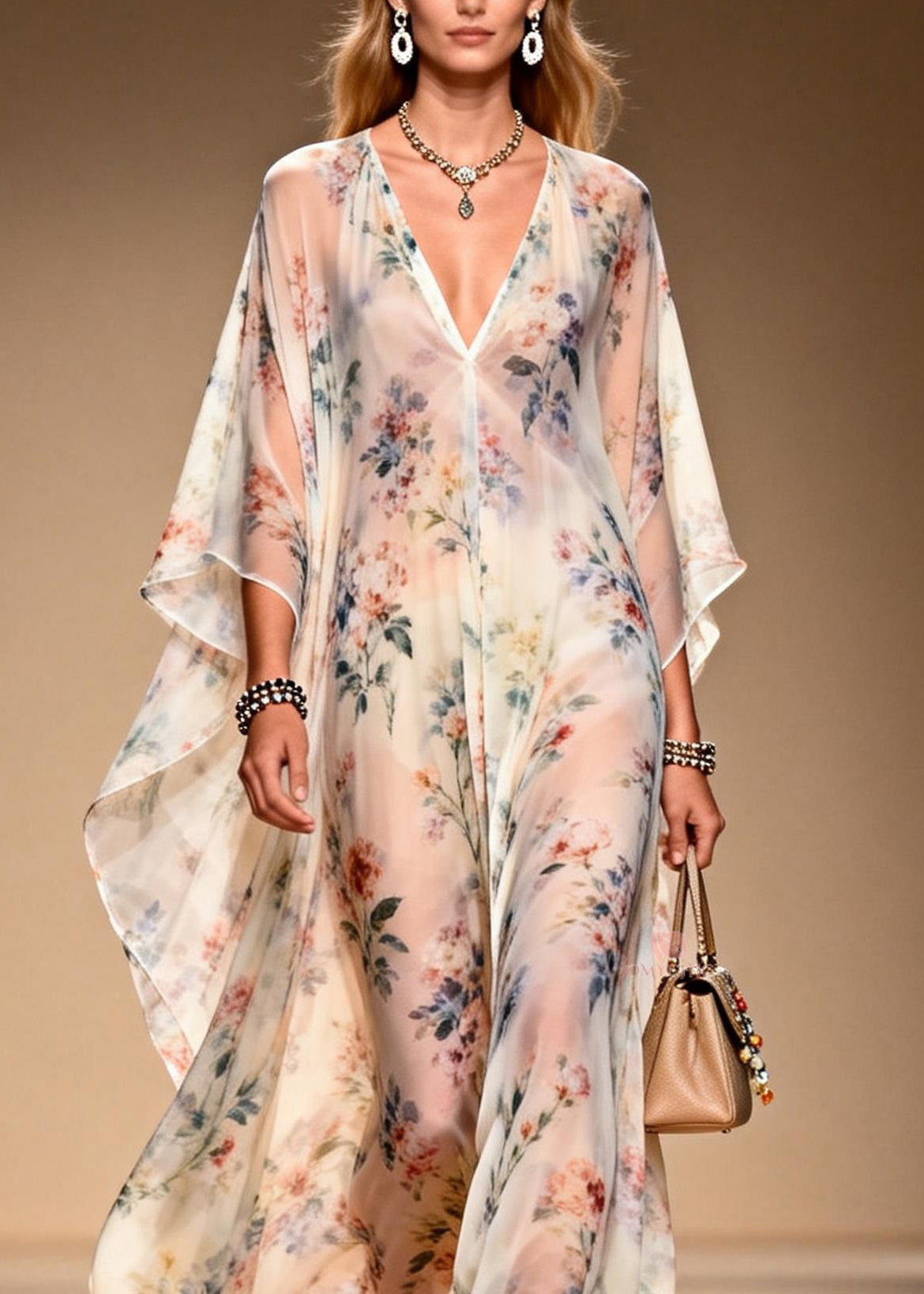 All Over Floral Print Deep V-Neck Cape Sleeve Sheer Chiffon Kaftan Maxi Gown