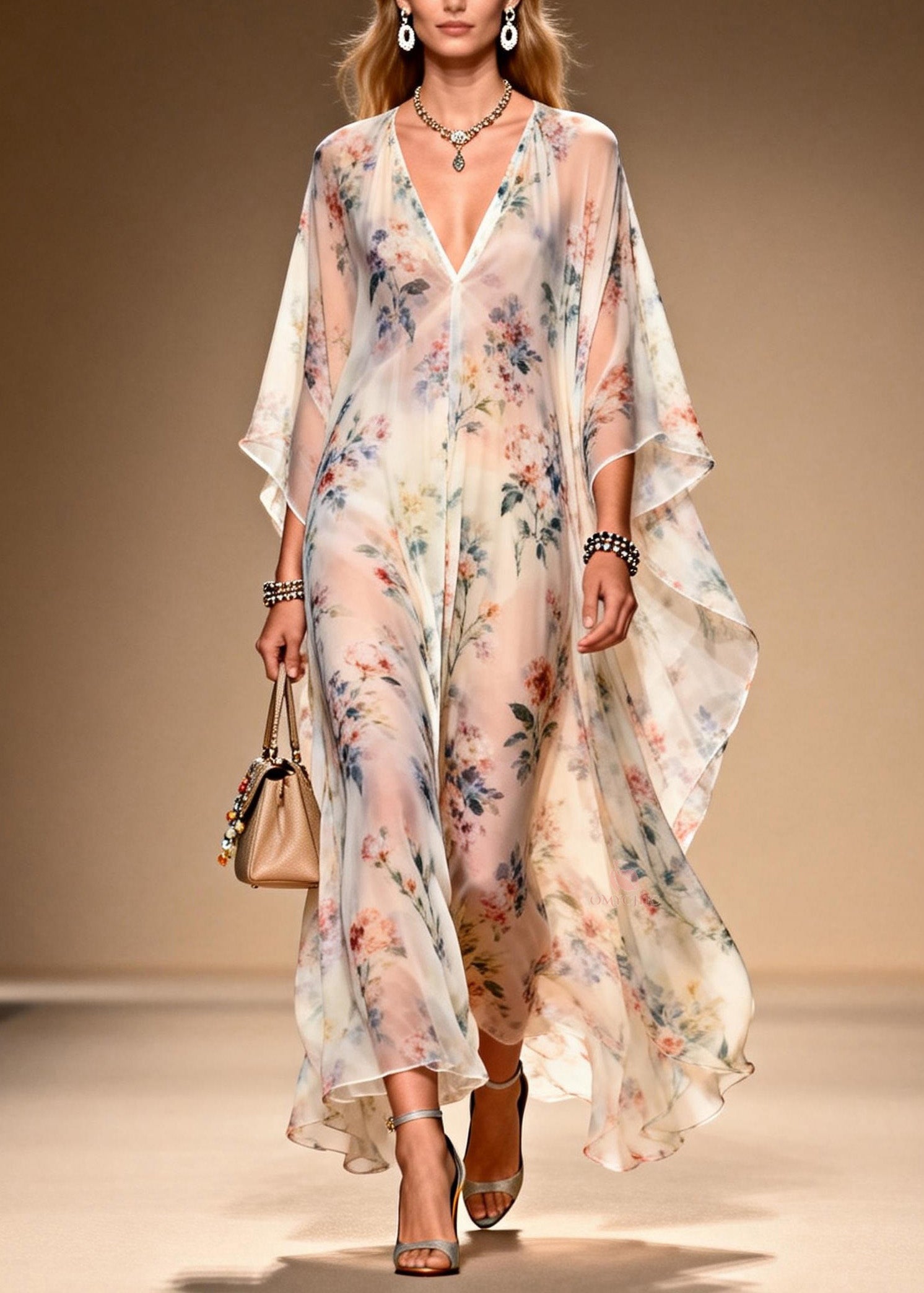 All Over Floral Print Deep V-Neck Cape Sleeve Sheer Chiffon Kaftan Maxi Gown