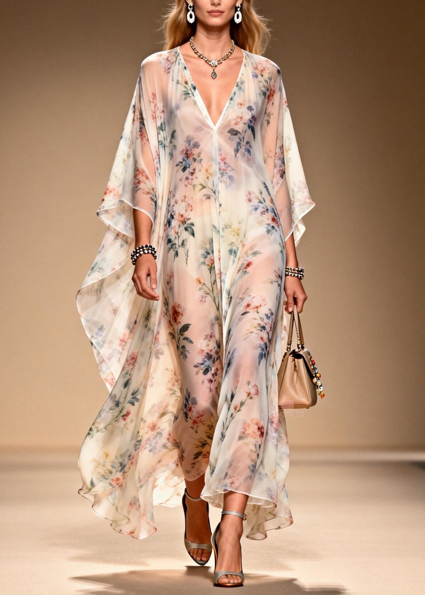 All Over Floral Print Deep V-Neck Cape Sleeve Sheer Chiffon Kaftan Maxi Gown