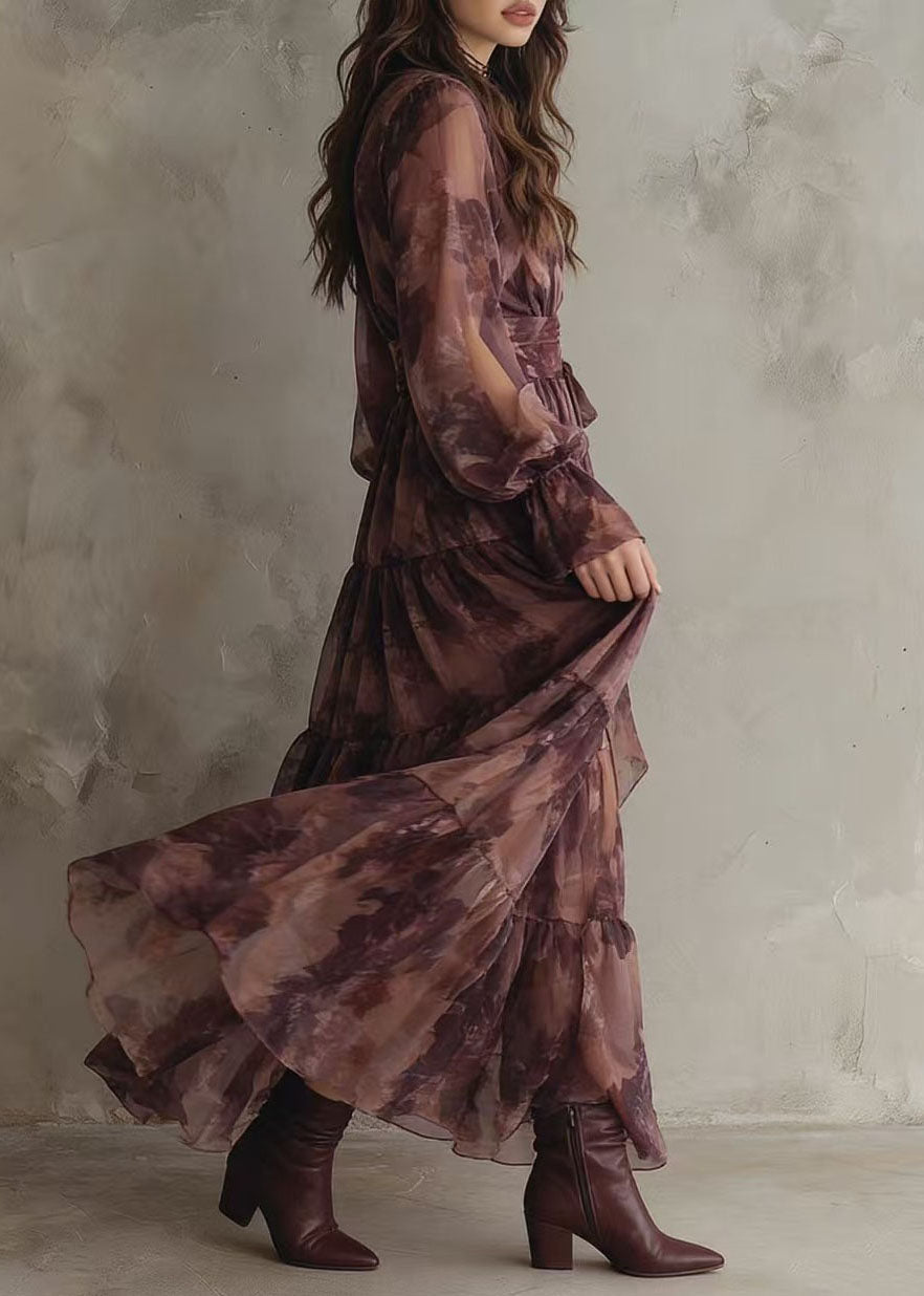 Floral Print Wrap Deep V-Neck Long Puff Sleeve Tiered Maxi Summer Dress