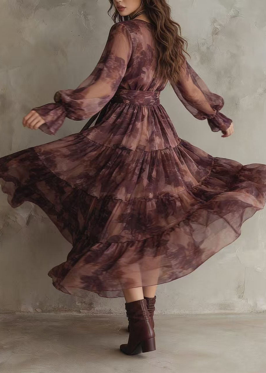Floral Print Wrap Deep V-Neck Long Puff Sleeve Tiered Maxi Summer Dress