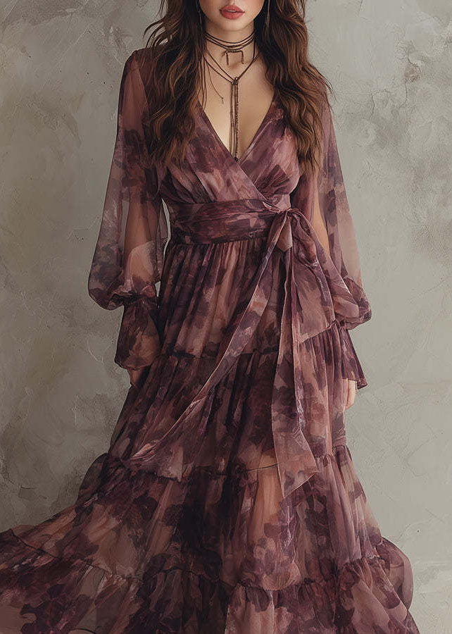 Floral Print Wrap Deep V-Neck Long Puff Sleeve Tiered Maxi Summer Dress
