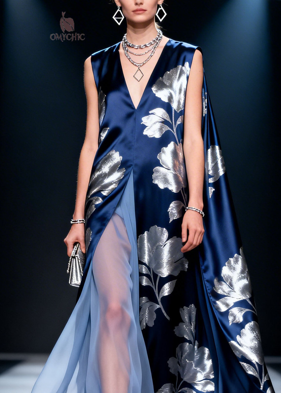 Satin Metallic Floral Print V-Neck Sleeveless High Split Tulle Panel Maxi Gown