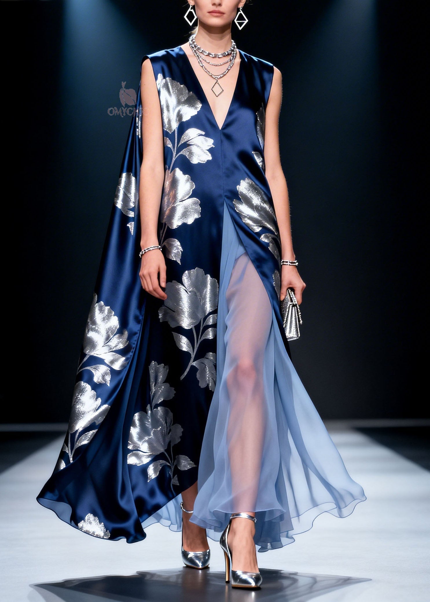 Satin Metallic Floral Print V-Neck Sleeveless High Split Tulle Panel Maxi Gown
