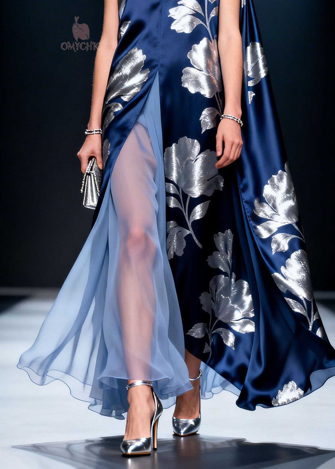 Satin Metallic Floral Print V-Neck Sleeveless High Split Tulle Panel Maxi Gown