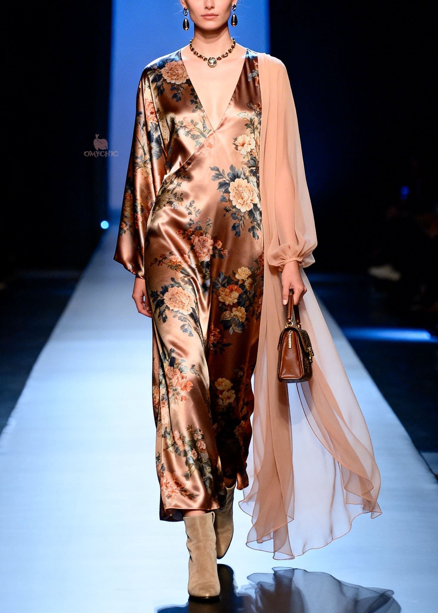 Satin Floral Print Deep V-Neck Wrap Long Sleeve Sheer Cape Maxi Gown