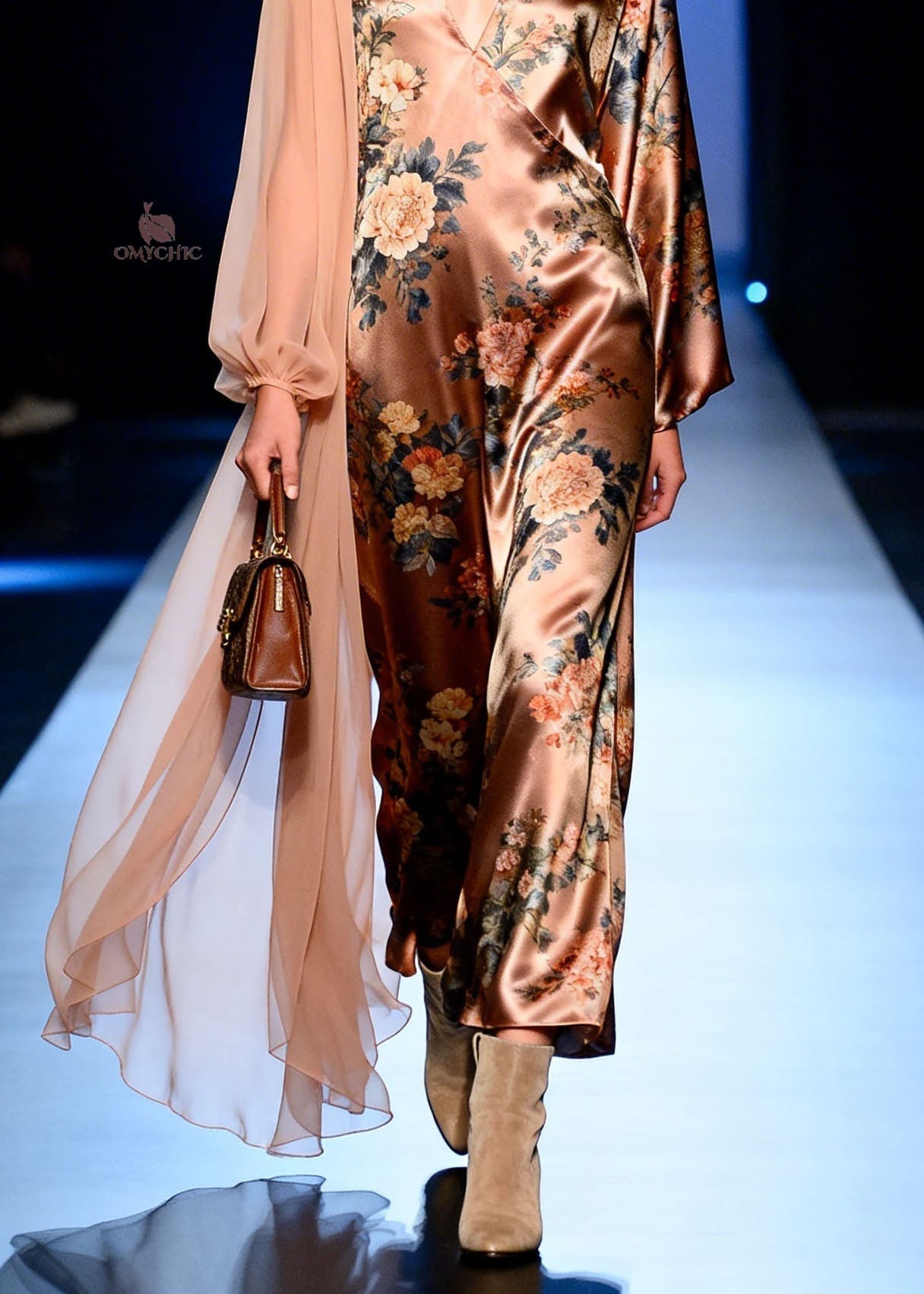 Satin Floral Print Deep V-Neck Wrap Long Sleeve Sheer Cape Maxi Gown