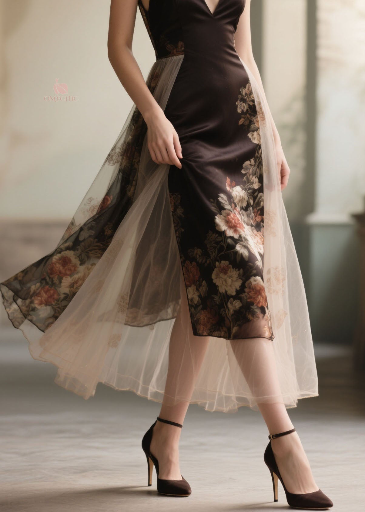 Satin Floral Spaghetti Strap V-Neck Tulle Overlay Midi Dress
