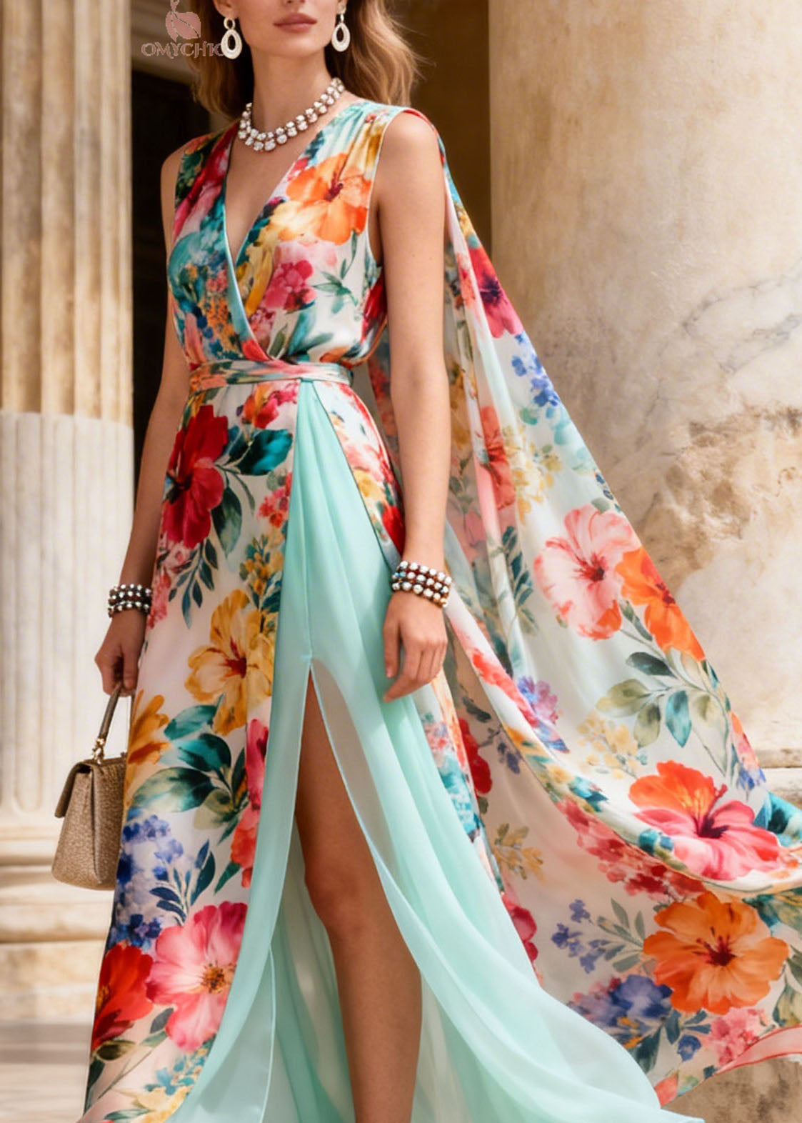 Hibiscus Floral Print Deep V-Neck Wrap Tie Belt Cape High Split Maxi Gown