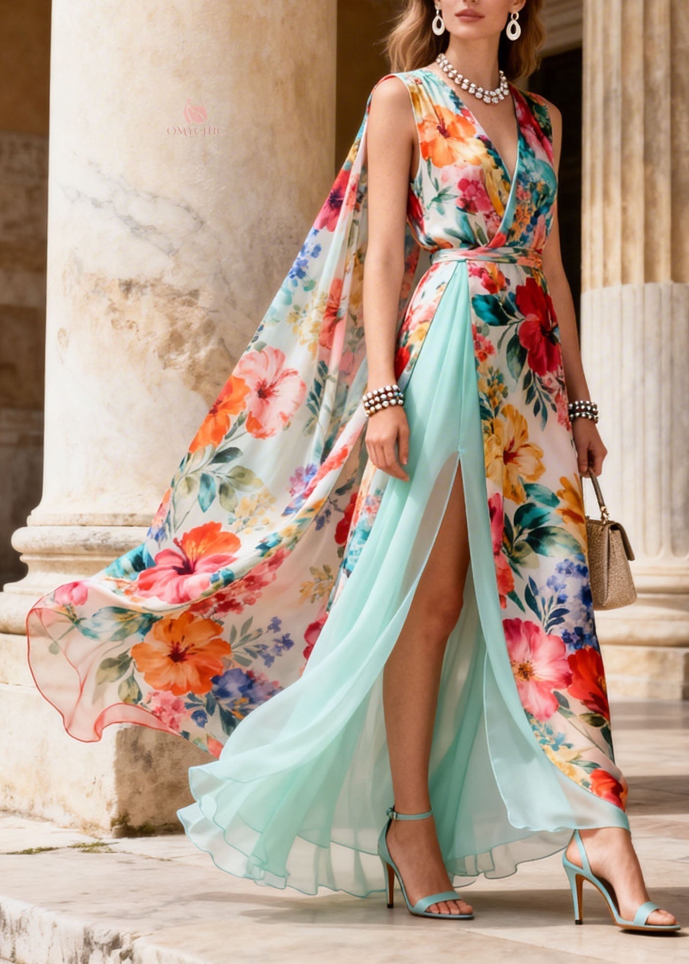 Hibiscus Floral Print Deep V-Neck Wrap Tie Belt Cape High Split Maxi Gown